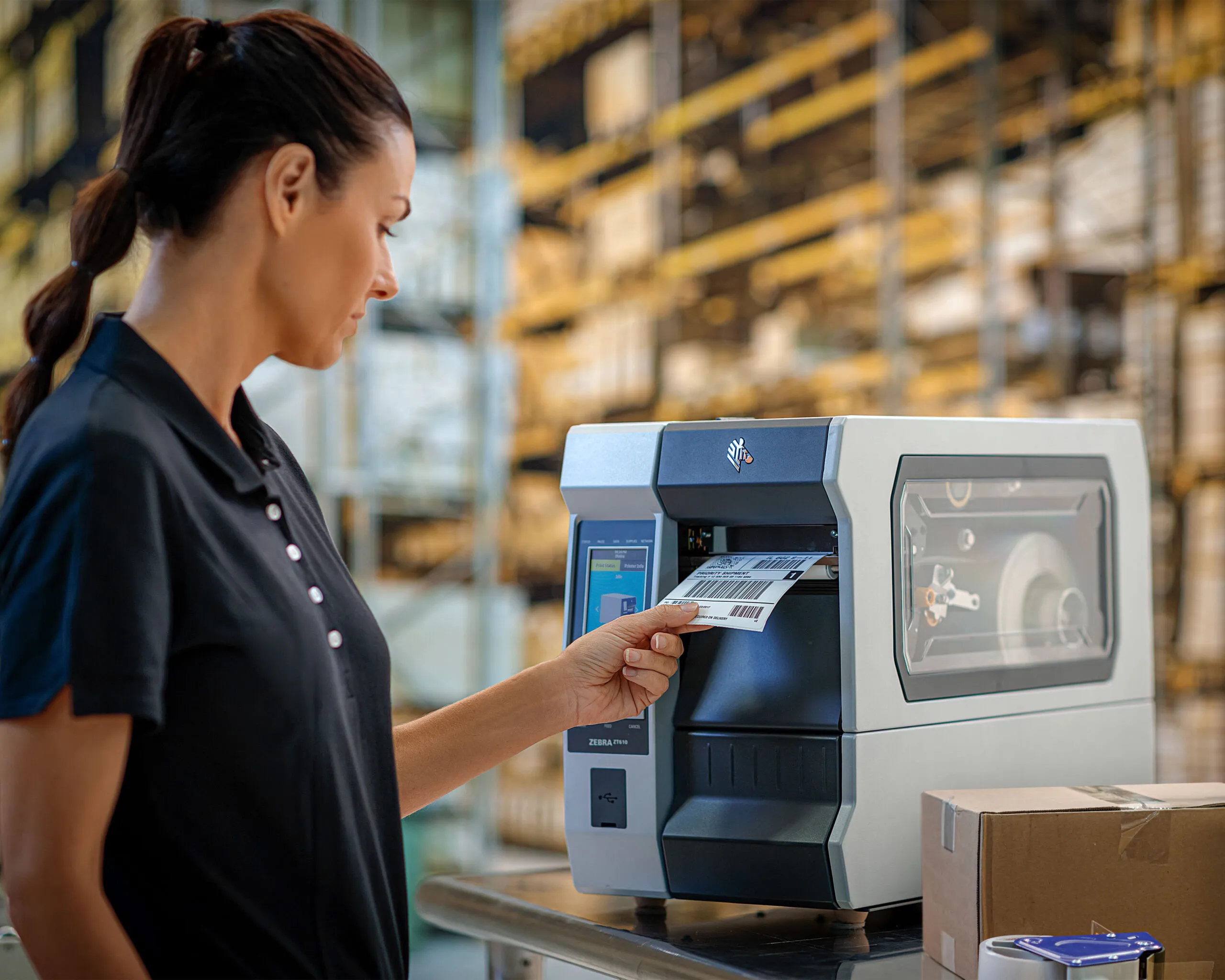 An RFID label being printed and applied on the warehouse floor